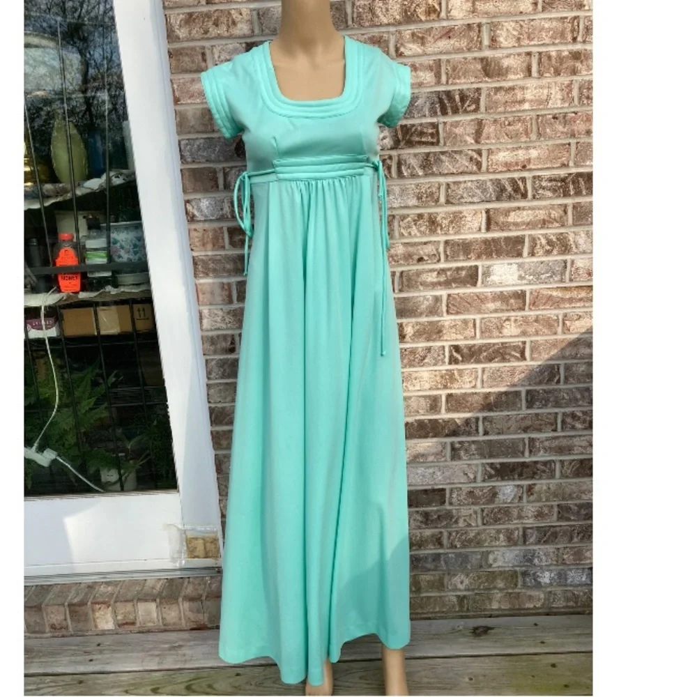 True 1970s Vintage Bridgerton Regency Cottagecore Mint Green Maxi Dress - Picture 12 of 12